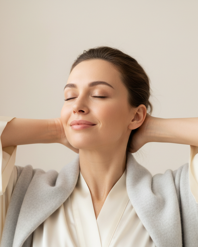 women close up, relaxed, Feel your body settle and your mind clear, natural look, high quality clothes, silk, or cashmere, quiet light background and clothes